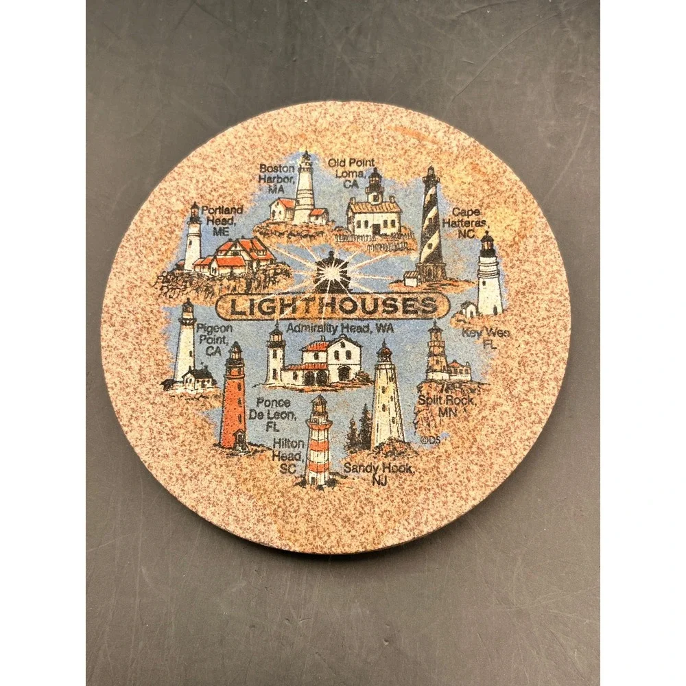 Lighthouses Cork Coasters Set of‎ 4 Coastal Decor Style Souvenir Nautical Vtg